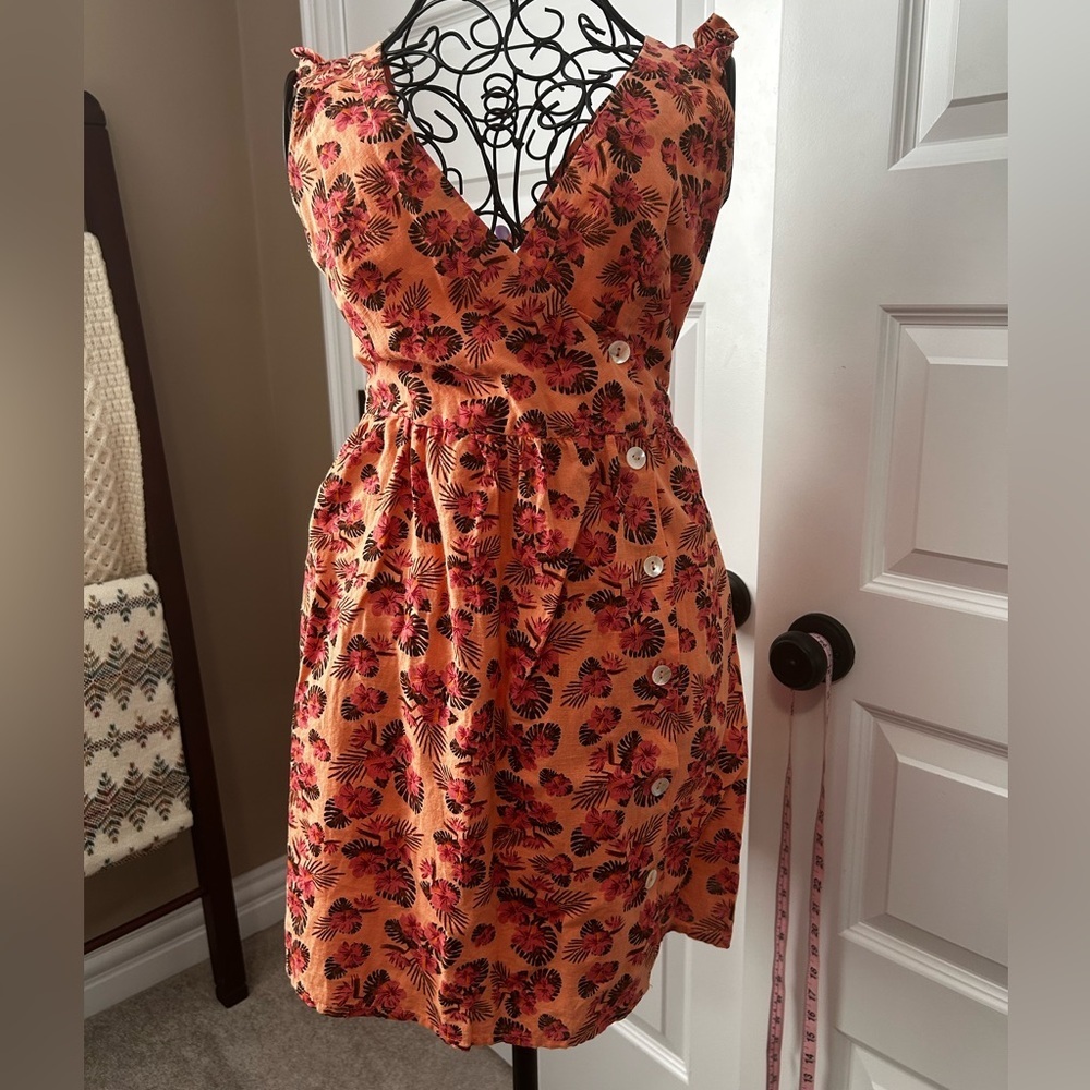 Zara Linen Blend Tropical Floral Faux Wrap Mini Vacation Dress - Picture 3 of 9